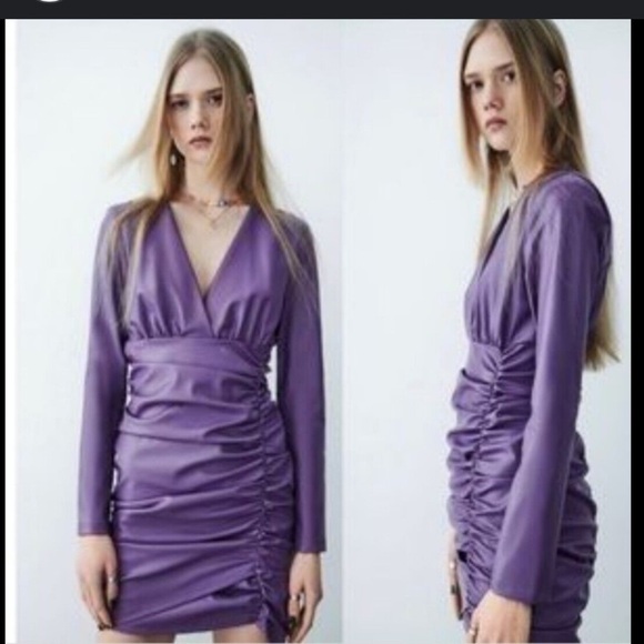 Purple Zara vegan stretch leather mini rouched dress size Small - Picture 1 of 3